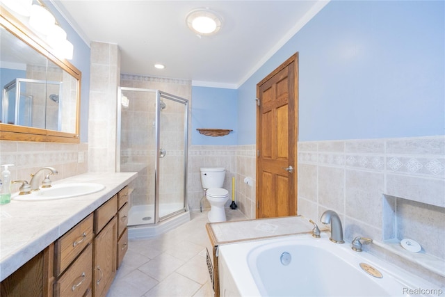 21128 Middlebelt Rd, New Boston, MI 48164 - full bathroom featuring tile walls, vanity, a stall shower, a bath, and tile patterned floors