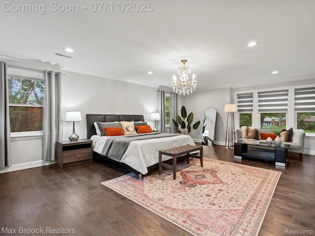295 S Cranbrook Rd, Birmingham, MI 48009 - bedroom featuring a chandelier, crown molding, recessed lighting, and dark wood-type flooring