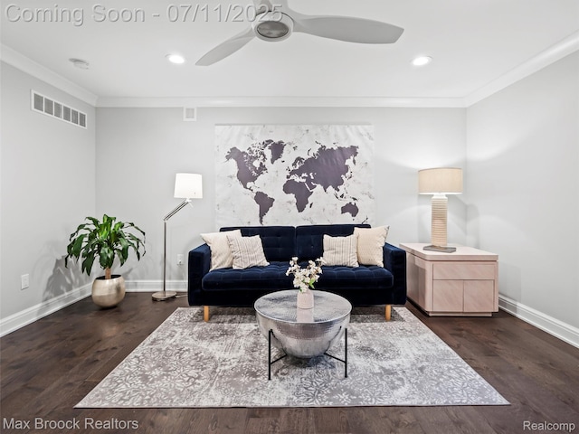 295 S Cranbrook Rd, Birmingham, MI 48009 - living area featuring ornamental molding, dark wood-style flooring, recessed lighting, and a ceiling fan