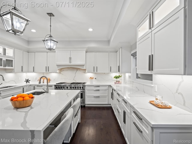 295 S Cranbrook Rd, Birmingham, MI 48009 - kitchen with stainless steel range, recessed lighting, white cabinets, dark wood finished floors, and glass insert cabinets