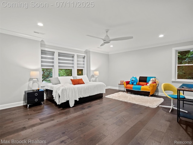 295 S Cranbrook Rd, Birmingham, MI 48009 - bedroom featuring dark wood finished floors, recessed lighting, ornamental molding, and ceiling fan