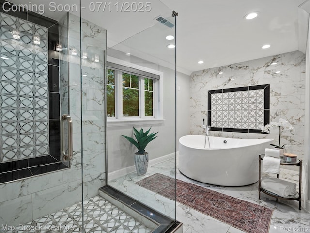295 S Cranbrook Rd, Birmingham, MI 48009 - full bathroom with marble tiled floors, a marble finish shower, a freestanding bath, and recessed lighting