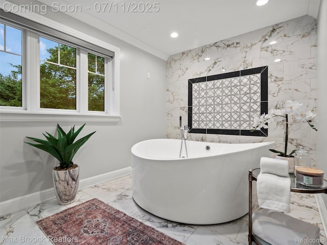295 S Cranbrook Rd, Birmingham, MI 48009 - bathroom featuring marble tiled floors, recessed lighting, and a freestanding tub