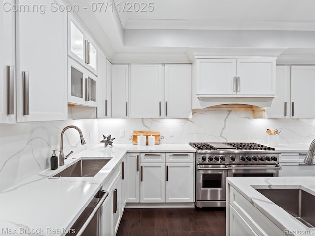 295 S Cranbrook Rd, Birmingham, MI 48009 - kitchen with range with two ovens, white cabinetry, dark wood-style floors, light stone countertops, and ornamental molding