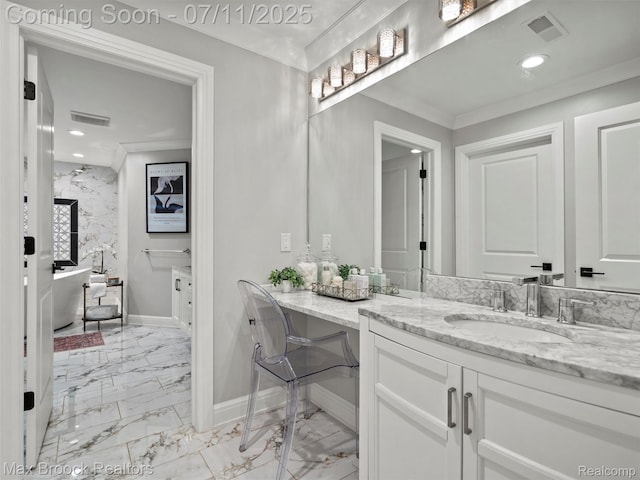 295 S Cranbrook Rd, Birmingham, MI 48009 - bathroom with marble look tile flooring, vanity, a soaking tub, and recessed lighting