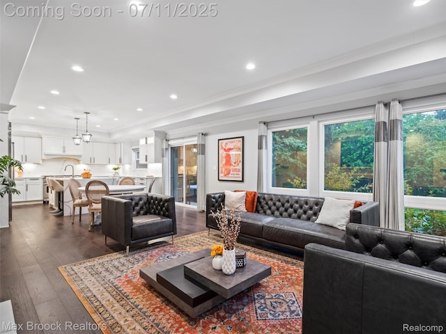 295 S Cranbrook Rd, Birmingham, MI 48009 - living room featuring dark wood-style flooring, recessed lighting, crown molding, and a raised ceiling