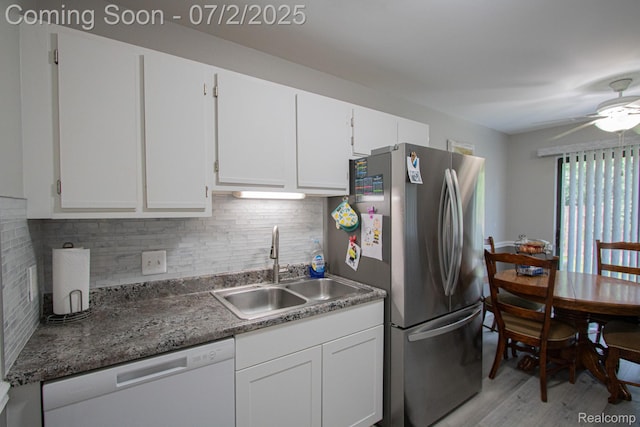 50191 N Angelo Ct, Chesterfield, MI 48047 - kitchen with freestanding refrigerator, dishwasher, tasteful backsplash, light wood-style flooring, and ceiling fan
