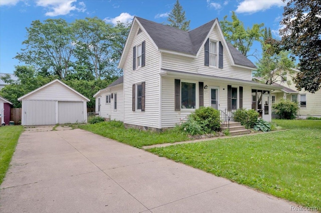 1232 N Saginaw St, Lapeer, MI 48446 - view of front facade with a front yard, an outdoor structure, a porch, a detached garage, and a shingled roof