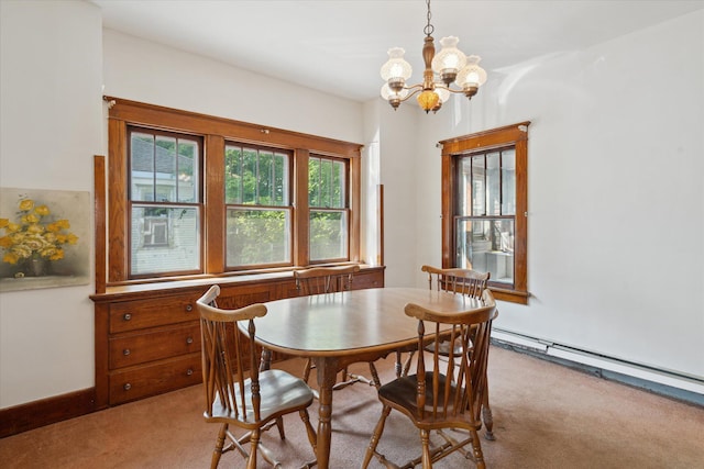418 Main St, Battle Creek, MI 49014 - dining room with light carpet, a chandelier, and a baseboard heating unit