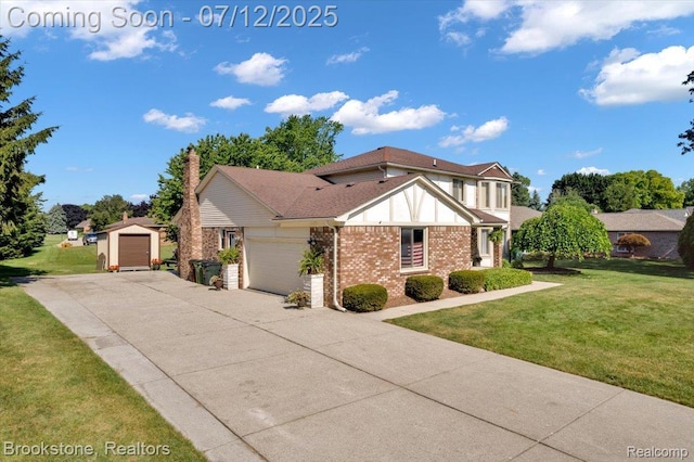 46655 Spruce Dr, Shelby Twp, MI 48315 - view of front of home featuring brick siding, concrete driveway, a front yard, a chimney, and an outdoor structure