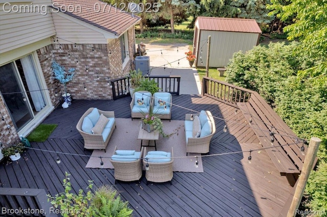 46655 Spruce Dr, Shelby Twp, MI 48315 - deck featuring a shed, an outdoor living space, and outdoor dining space