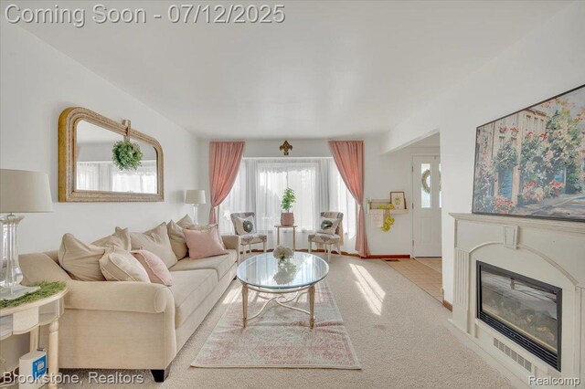 46655 Spruce Dr, Shelby Twp, MI 48315 - carpeted living area featuring a glass covered fireplace