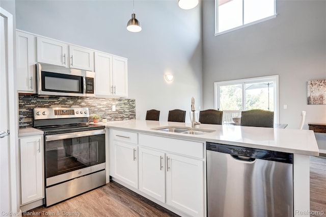 293 N 2nd St Unit 106, Brighton, MI 48116 - kitchen featuring appliances with stainless steel finishes, a high ceiling, a peninsula, light wood-style floors, and tasteful backsplash