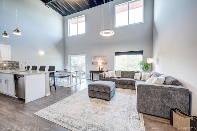 293 N 2nd St Unit 106, Brighton, MI 48116 - living room featuring a towering ceiling and dark wood finished floors