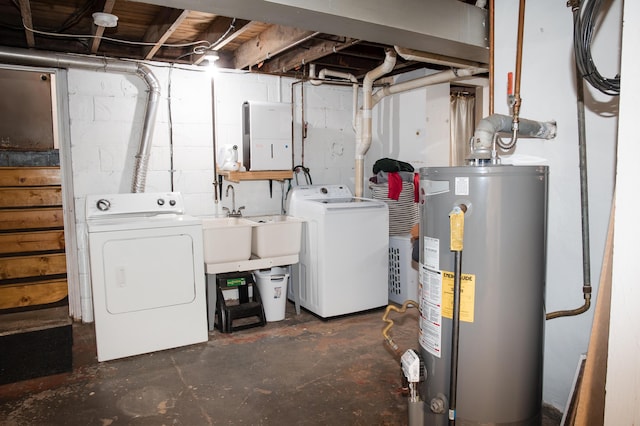 516 Cooper Ave, Kalamazoo, MI 49048 - unfinished basement with gas water heater, washing machine and dryer, and stairs