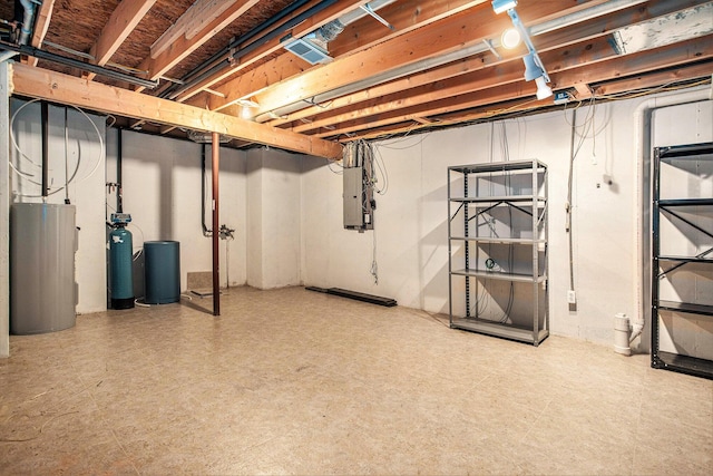9477 Lightwood Ct, Richland, MI 49083 - unfinished below grade area featuring electric panel, gas water heater, a water softener system, and tile patterned floors