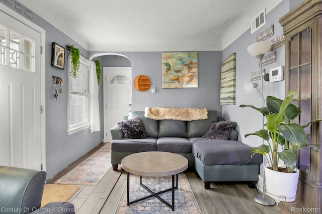 25021 Ecorse Rd, Taylor, MI 48180 - living area featuring a textured ceiling, light wood-style floors, and arched walkways