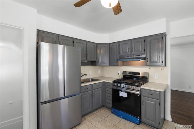 14535 Russell Ave, Allen Park, MI 48101 - kitchen with stainless steel appliances, gray cabinets, under cabinet range hood, and a ceiling fan