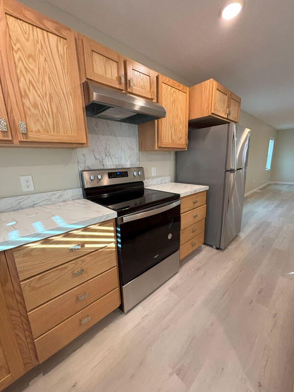 436 Martin Luther King Jr St SE, Grand Rapids, MI 49507 - kitchen featuring appliances with stainless steel finishes, under cabinet range hood, light wood-type flooring, light countertops, and decorative backsplash