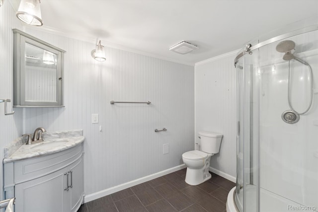 7262 Hatchery Rd, Waterford, MI 48327 - bathroom featuring vanity, a stall shower, ornamental molding, and wood finished floors