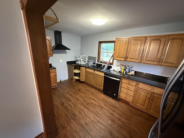 1414 Beard St, Port Huron, MI 48060 - kitchen featuring black dishwasher, wall chimney exhaust hood, dark wood-style flooring, dark countertops, and built in desk
