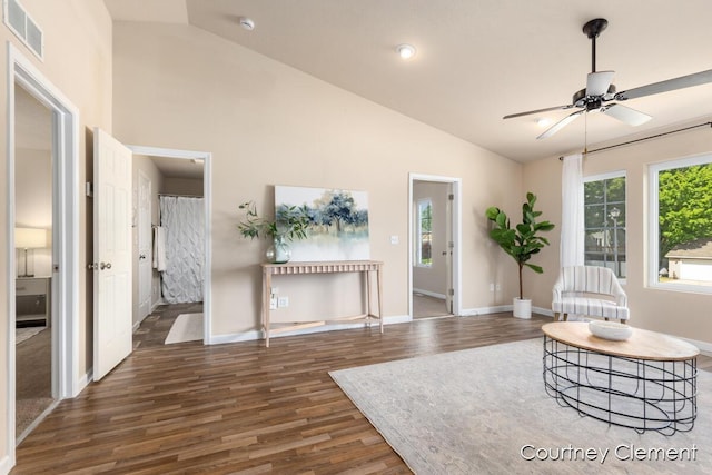 5827 Buchanan Ave SW, Grand Rapids, MI 49548 - living area with ceiling fan, wood finished floors, and high vaulted ceiling
