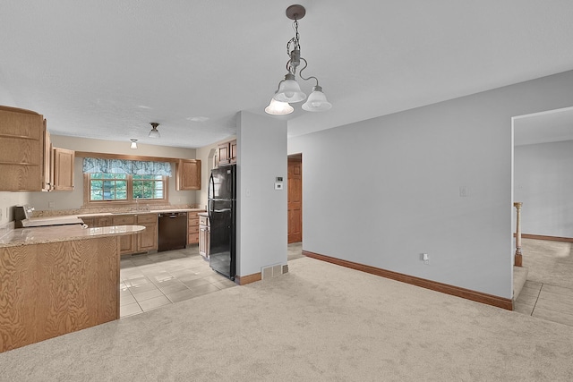 13972 S 5th St, Schoolcraft, MI 49087 - kitchen featuring black appliances, open shelves, light countertops, light tile patterned floors, and light colored carpet