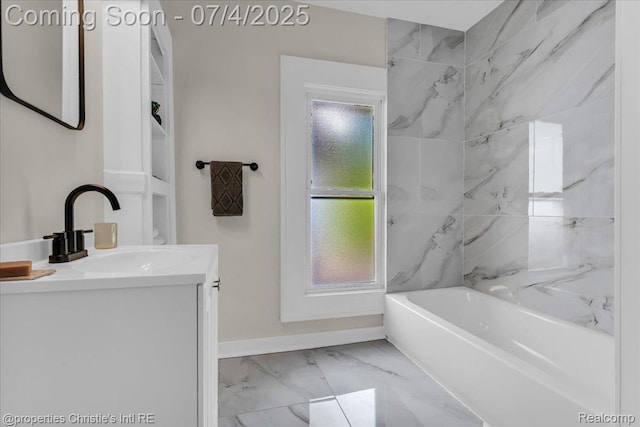 3801 Vicksburg St, Detroit, MI 48206 - full bathroom with marble look tile flooring, vanity, and shower / tub combination
