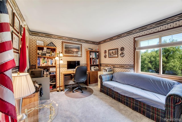 24559 S Klingville Rd, Chassell, MI 49916 - office featuring wallpapered walls, carpet floors, and ornamental molding