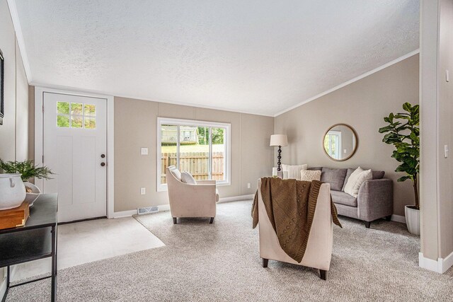 713 Maple Rd, Ionia, MI 48846 - living area with a textured ceiling, light colored carpet, vaulted ceiling, and crown molding