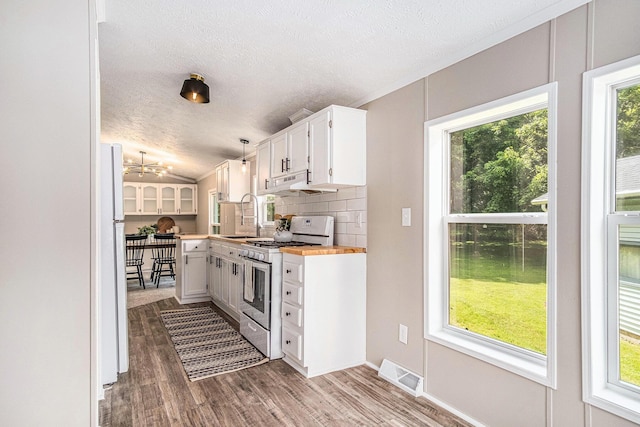 713 Maple Rd, Ionia, MI 48846 - kitchen with white appliances, plenty of natural light, white cabinetry, a textured ceiling, and light wood-type flooring