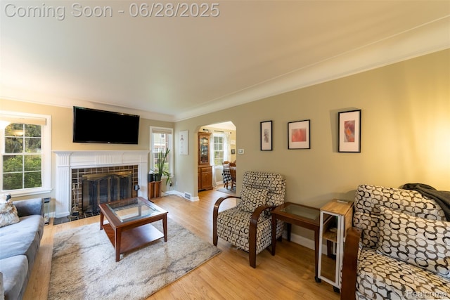 31718 W Chicago St, Canton, MI 48150 - living area featuring arched walkways, a tile fireplace, light wood-style floors, and crown molding