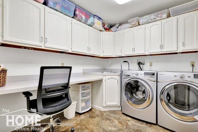 2367 Meadowdown Dr, Owosso, MI 48867 - laundry room featuring cabinet space, washing machine and dryer, and an office area