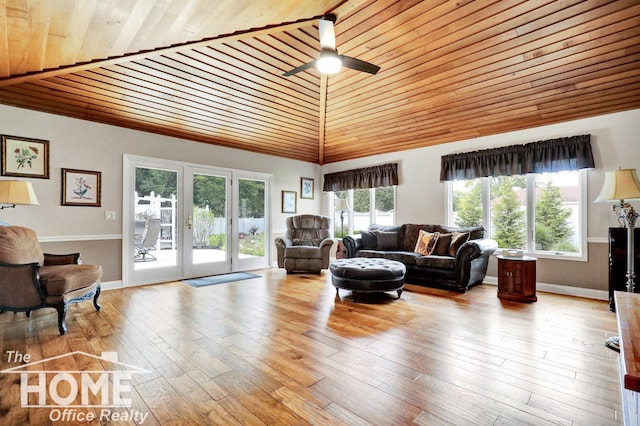 2367 Meadowdown Dr, Owosso, MI 48867 - living room with wood ceiling, a ceiling fan, wood-type flooring, and high vaulted ceiling