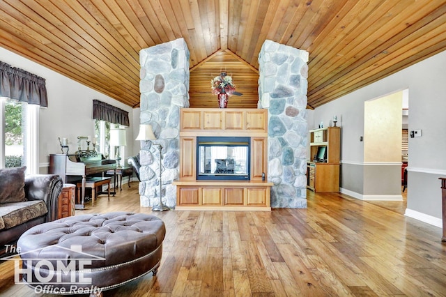 2367 Meadowdown Dr, Owosso, MI 48867 - living room with wood ceiling, light wood-type flooring, a fireplace, and high vaulted ceiling