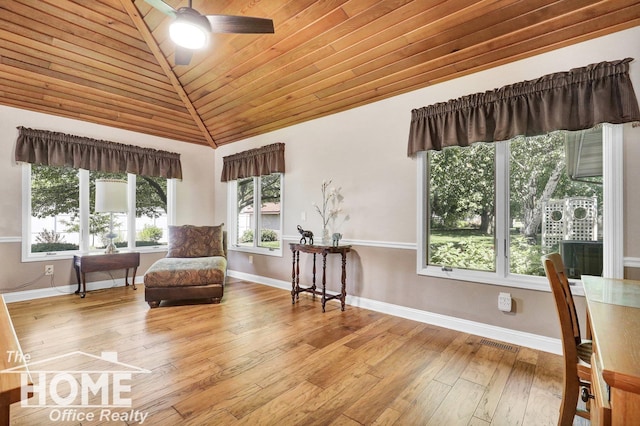 2367 Meadowdown Dr, Owosso, MI 48867 - living area featuring vaulted ceiling, ceiling fan, hardwood / wood-style floors, and wood ceiling