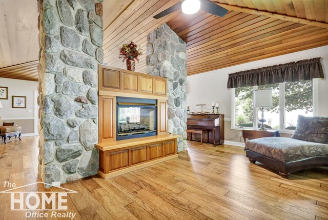 2367 Meadowdown Dr, Owosso, MI 48867 - living room with a ceiling fan, vaulted ceiling, light wood-style flooring, and wooden ceiling