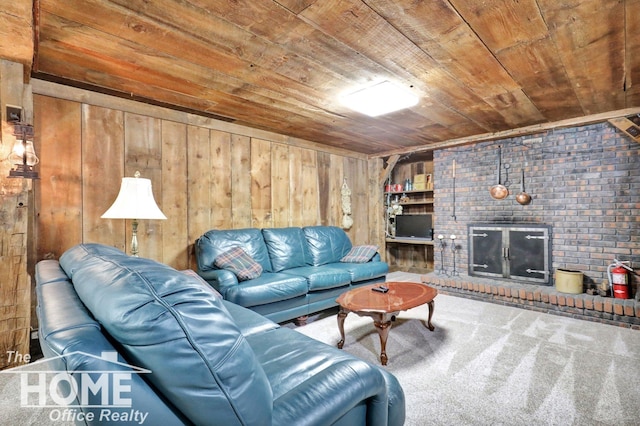 2367 Meadowdown Dr, Owosso, MI 48867 - carpeted living area with wooden ceiling, wooden walls, and a brick fireplace