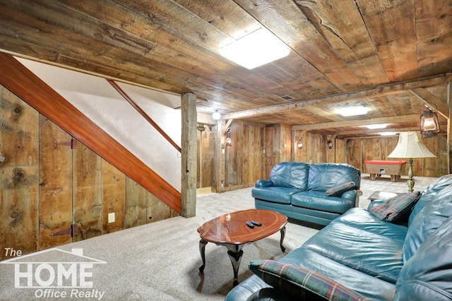 2367 Meadowdown Dr, Owosso, MI 48867 - carpeted living area with wooden walls and wooden ceiling