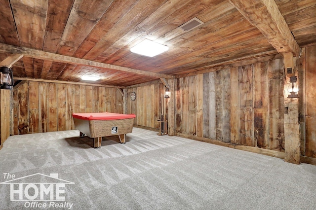 2367 Meadowdown Dr, Owosso, MI 48867 - game room with wooden ceiling, wooden walls, billiards, and carpet