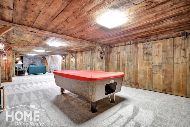 2367 Meadowdown Dr, Owosso, MI 48867 - game room featuring wood walls, wooden ceiling, carpet flooring, and pool table