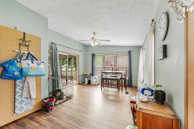 733 N Main St, Evart, MI 49631 - interior space with vaulted ceiling, ceiling fan, wood finished floors, and a textured ceiling