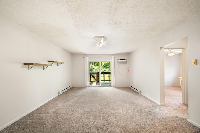 2002 N US Highway 31 Unit 8, Niles, MI 49120 - carpeted empty room featuring a baseboard heating unit, a wall mounted air conditioner, a textured ceiling, and a ceiling fan