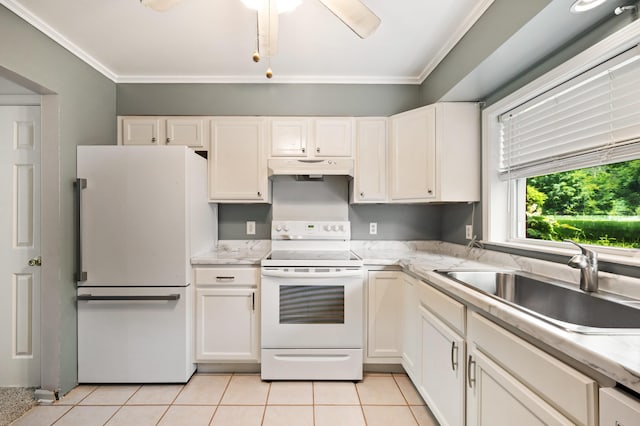 2002 N US Highway 31 Unit 8, Niles, MI 49120 - kitchen with white appliances, under cabinet range hood, ornamental molding, white cabinets, and light countertops