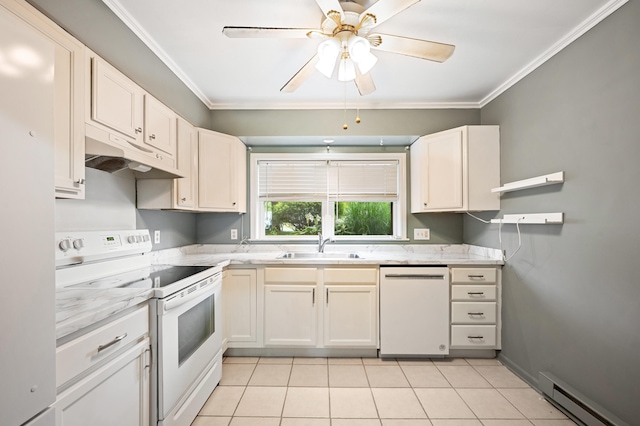 2002 N US Highway 31 Unit 8, Niles, MI 49120 - kitchen featuring white appliances, baseboard heating, under cabinet range hood, light tile patterned floors, and ornamental molding