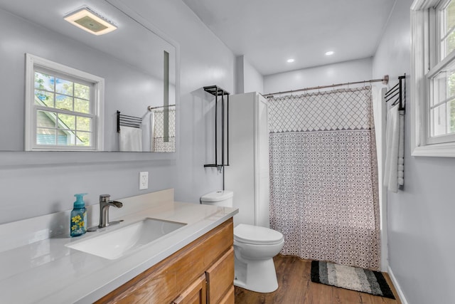 2151 Glenwood Ct, Brooklyn, MI 49230 - bathroom with vanity, wood finished floors, plenty of natural light, curtained shower, and recessed lighting