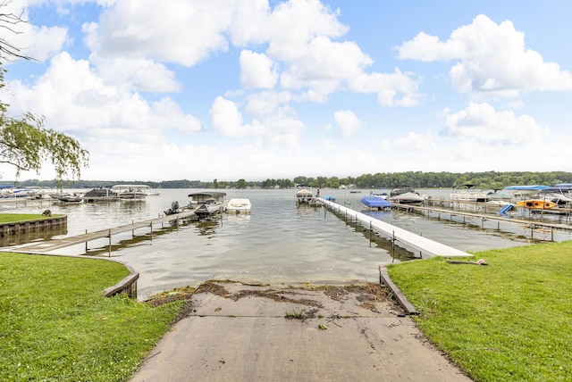2151 Glenwood Ct, Brooklyn, MI 49230 - dock area featuring a boat ramp, a water view, and a yard