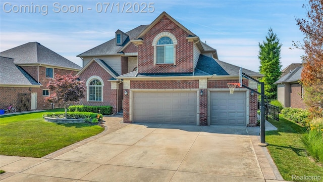 19492 Springbrook Dr, Macomb, MI 48044 - traditional-style home featuring brick siding, concrete driveway, a front lawn, and roof with shingles