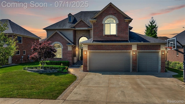 19492 Springbrook Dr, Macomb, MI 48044 - traditional-style home with a front yard, brick siding, concrete driveway, roof with shingles, and a garage