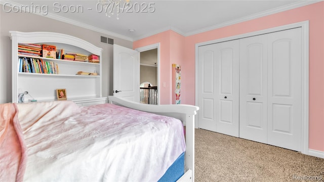 19492 Springbrook Dr, Macomb, MI 48044 - bedroom featuring light carpet, crown molding, and a closet